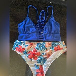 Blue Strappy Bikini Top with Floral Bottoms